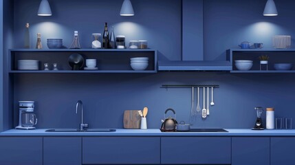 dark blue home kitchen interior with kitchenware on counter and shelves