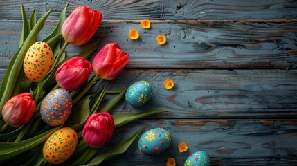 Easter Celebration with Tulips and Painted Eggs on Vintage Wooden Plank Background