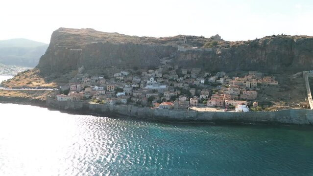 Aerial view of the old town of Monemvasia in Lakonia of Peloponnese, Greece