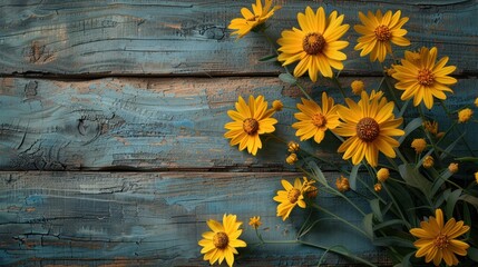 Vintage Border Design with Yellow Flowers on Wooden Background - Spring/Summer Floral Concept