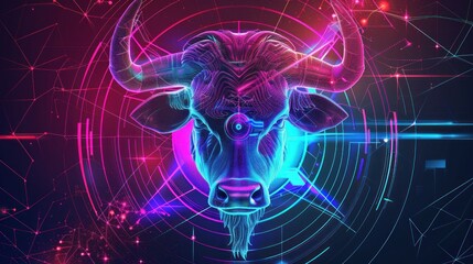Bull Taurus Zodiac Wheel Star Sign Futuristic Hologram Neon Glow Cybernetic Digital Translucent Horoscope