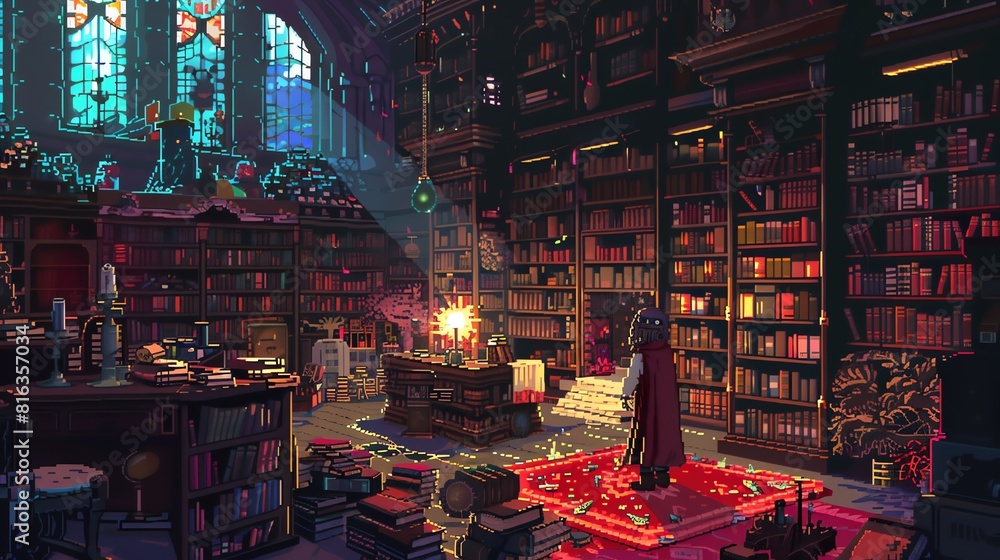 Poster a pixel art illustration of a library. the library is full of bookshelves and there is a large windo