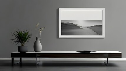 Blank white modern minimalist wall art mockup canvas, against a light gray color wall background, blank drawing room vertical wall art mockup gray theme