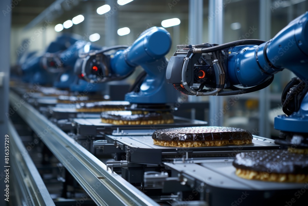 Poster a row of blue robotic arms are assembling products on a production line. the robots are working in a
