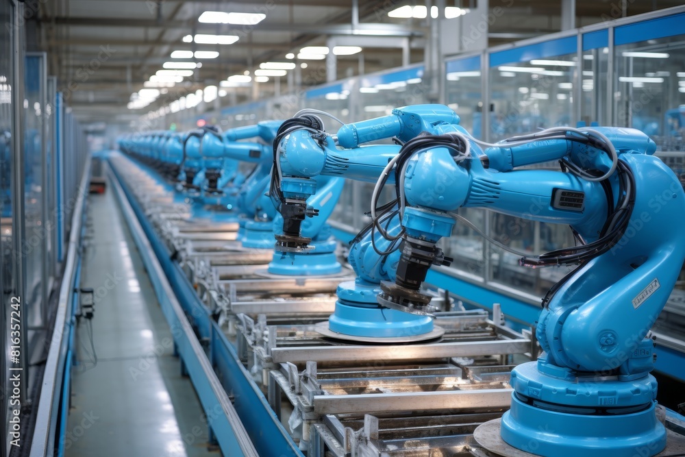 Poster a row of blue robotic arms is working on an assembly line in a factory. the arms are all in motion, 