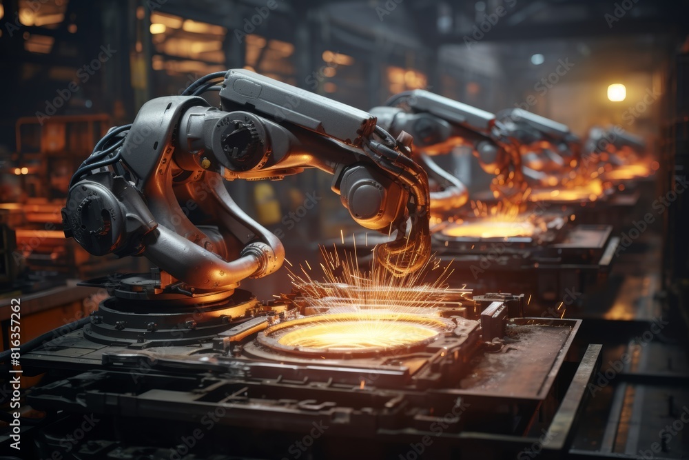 Poster automated robotic welding in industrial factory with sparks flying from molten metal. industrial rob