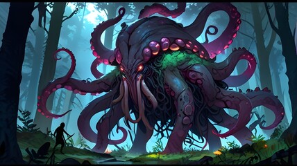 Illustration of a terrifying octupus-like creature, dark magic and mythical beasts, glowing red markings, cinemtic look