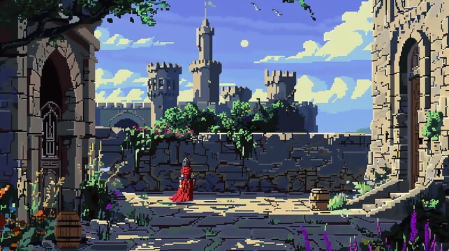A lone figure in a red cloak stands in a courtyard, looking out at a vast castle. The castle is made of gray stone and has several towers and turrets.