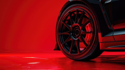 Black car wheel with sport rim on red background. Closeup of modern luxury vehicle tires, concept for banner or presentation design.