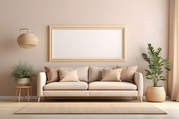 Minimalist farmhouse wall art mockup wooden frame, blank horizontal empty frame for wall art mockup with sofa, soft brown color wall theme of the room, interior design