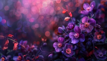 Glowing fuchsia and royal purple bokeh florals swirling across a dark canvas for Mother's Day
