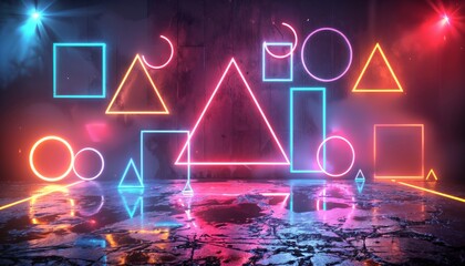Glowing neon geometric shapes and laser lines on a dark background, perfect for a futuristic or sci-fi theme
