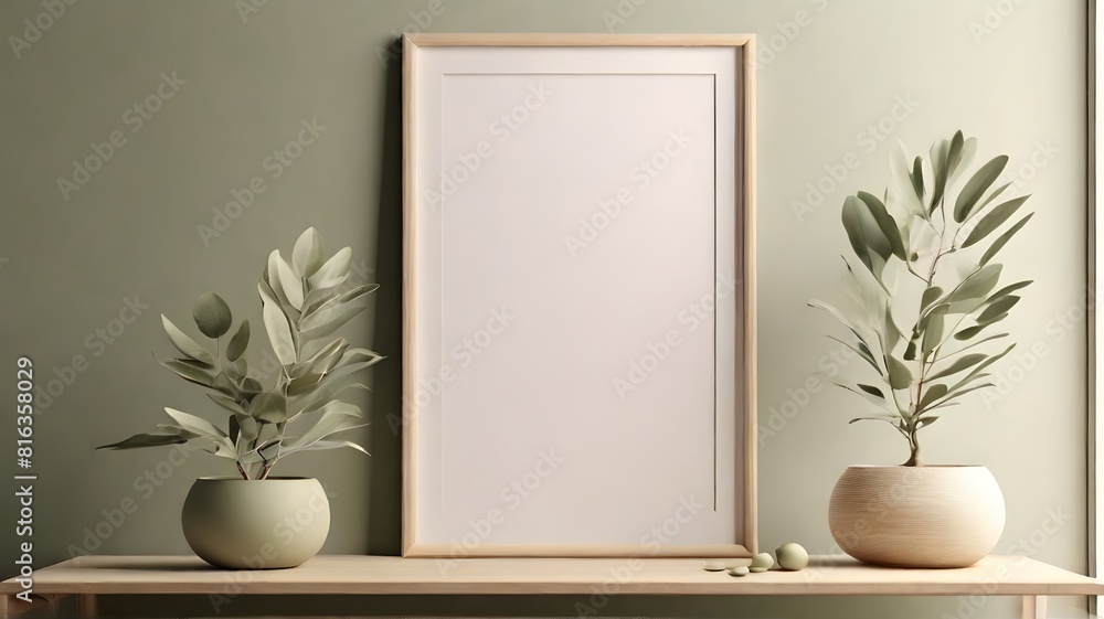 Wall mural modern minimalist poster mockup with a soft olive plant and wooden frame, blank vertical clear frame