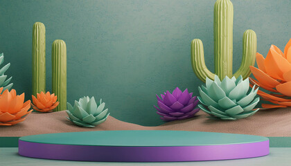 Colorful illustration with blue and purple platform mock up, surrounded by purple and green Agave, Saguaro cactus with green background, copy space