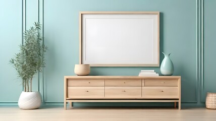 modern minimalist wall art mockup wooden gallery interior, blank horizontal empty frame for wall art mockup on dresser, soft ivory color wall theme of the room