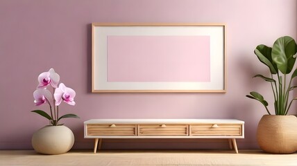 modern minimalist wall art mockup wooden gallery interior, blank horizontal empty frame for wall art mockup on dresser, soft ivory color wall theme of the room