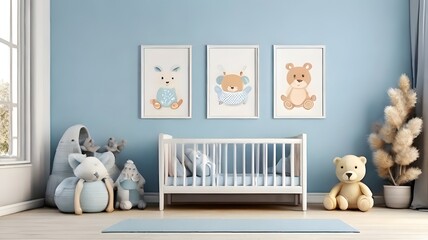 Scandinavian minimalist style baby room with toys wall art mockup wooden frame, blank empty frame for wall art mockup, soft blue color wall theme of the room, interior design