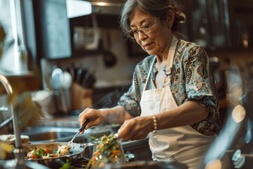 Elderly woman cooking in home kitchen