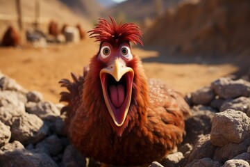 A closeup of a funny chicken with its feathers plucked in a barnyard surrounded by rocks. The chicken has its eyes wide open and its mouth is open in a surprised expression