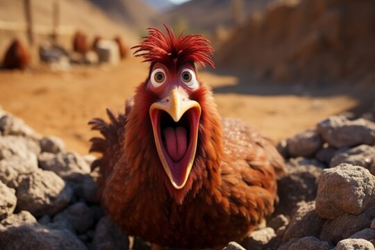 A closeup of a funny chicken with its feathers plucked in a barnyard surrounded by rocks. The chicken has its eyes wide open and its mouth is open in a surprised expression