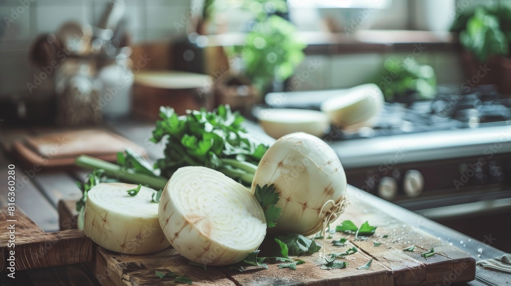 Wall mural freshly cut white turnip on wooden table in home kitchen