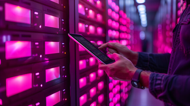 Person from the IT department is using a digital tablet to fix a server problem in a server room