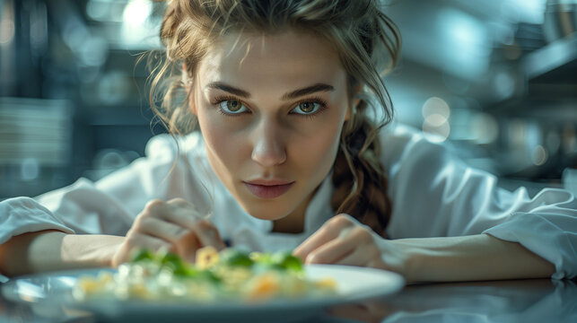 A female chef dressed in a white chef coat leaning over a delicious vegetable dish on white plate in her professional kitchen and looking at the camera