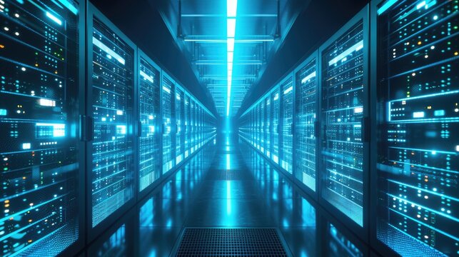 A parallel row of servers, adorned in electric blue, fills a technology-driven data center hallway with a symmetrical display of power and Azure technology. AIG41