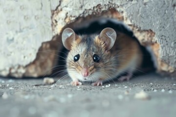 Mouse looking out from hole in concrete surface