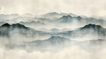 Digital Ink Wash Painting of Layered Mountains and Misty Atmosphere