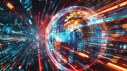 Fototapeta premium The digital globe spins out of control, propelled by the extreme velocity of the global network connectivity across Earth. Data transfer speeds, fueling a frenzy of business transactions