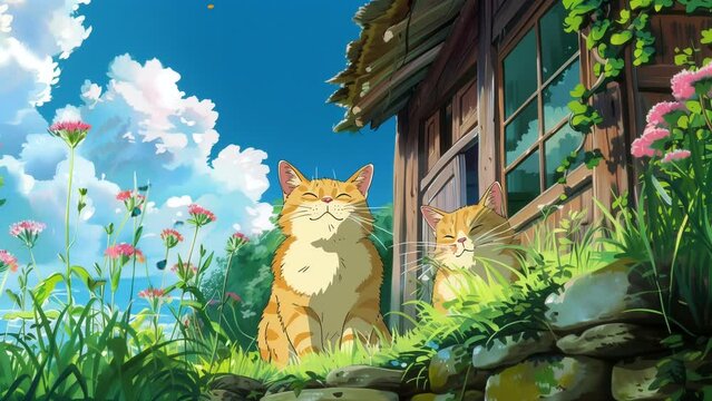 Animation background of a cute cats in the backyard grass, gazing at something, with lofi background music. Looping time-lapse video.
