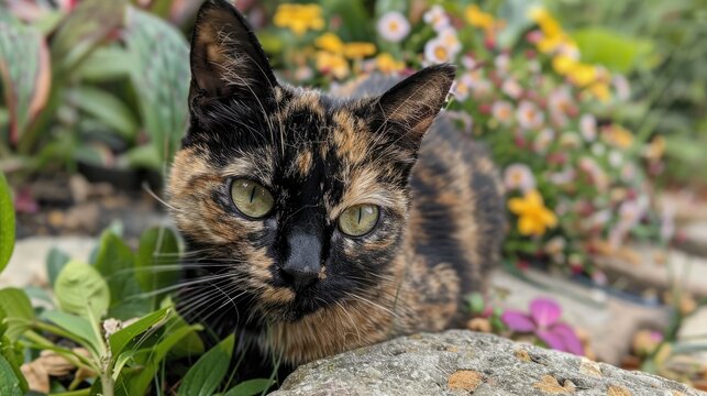Cat with tortoiseshell pattern spotted in outdoor yard