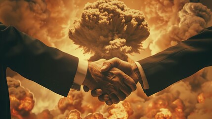 A handshake between two world leaders dissolves into a mushroom cloud, signifying the devastating consequences of military conflict