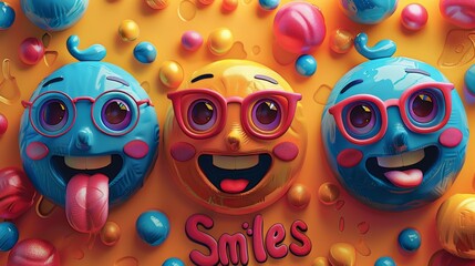 Obraz premium Three cartoon faces with glasses and a smiling mouth