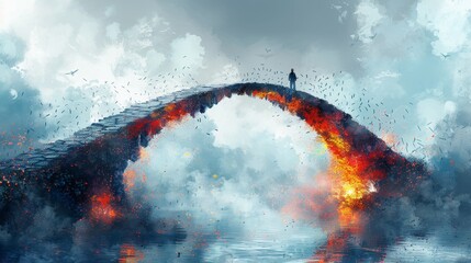 A bridge with a person standing on it and a fire underneath