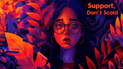 Naklejka premium A woman with glasses is shown in a forest with the words 