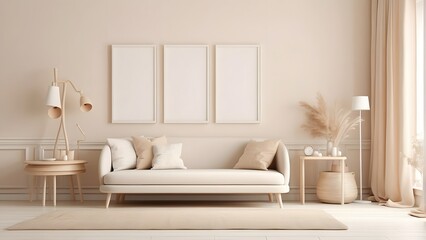 Scandinavian minimalist style living room wall art mockup wooden frame, blank horizontal empty frame for wall art mockup, soft beige color wall theme of the room