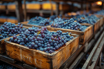 The harvested grape crop is packed in wooden boxes on the sorting table, ready for further...