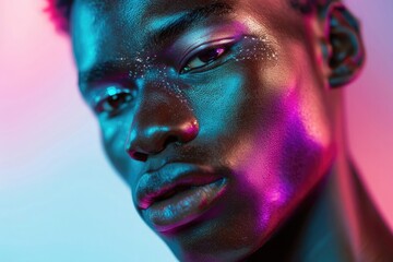 Close-up portrait of a young African American male model with beautiful, perfect skin and colorful makeup, illuminated face, high 
