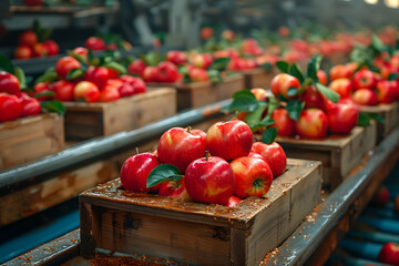 The harvested apple crop is neatly packed in wooden boxes on the sorting table, ready for distribution at a bustling orchard during the peak of the harvest season