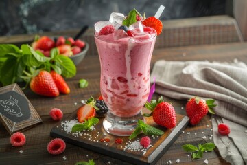 A vibrant smoothie made with milk, fruits, and vegetables in a tall glass.