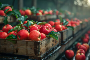 The harvested apple crop is neatly packed in wooden boxes on the sorting table, ready for distribution at a bustling orchard during the peak of the harvest season