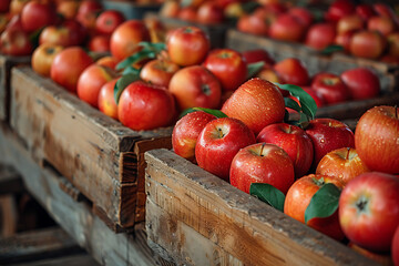 The harvested apple crop is neatly packed in wooden boxes on the sorting table, ready for distribution at a bustling orchard during the peak of the harvest season