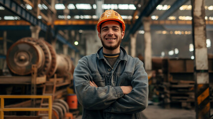 portrait of a smiling worker standing in a industrial factory, worker wearing safety helmet looking at camera 
