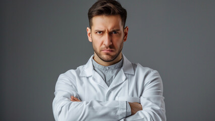 Angry white male doctor with folded arms, copy space
