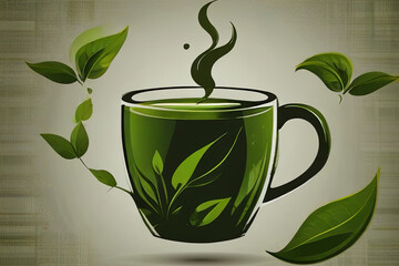 Abstract tea mug with flying green tea leaves. Perfect for illustrating cheerfulness, work breaks, and restful moments.