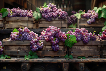 The harvested grape crop is packed in wooden boxes on the sorting table, ready for further processing at a vineyard during the harvest season