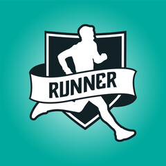 Runner shield with ribbon logo vector graphic illustration on background