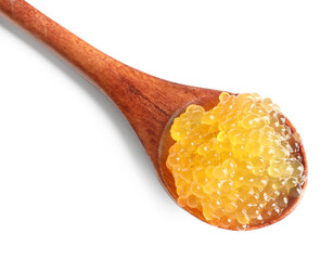 Fresh pike caviar in spoon isolated on white, top view